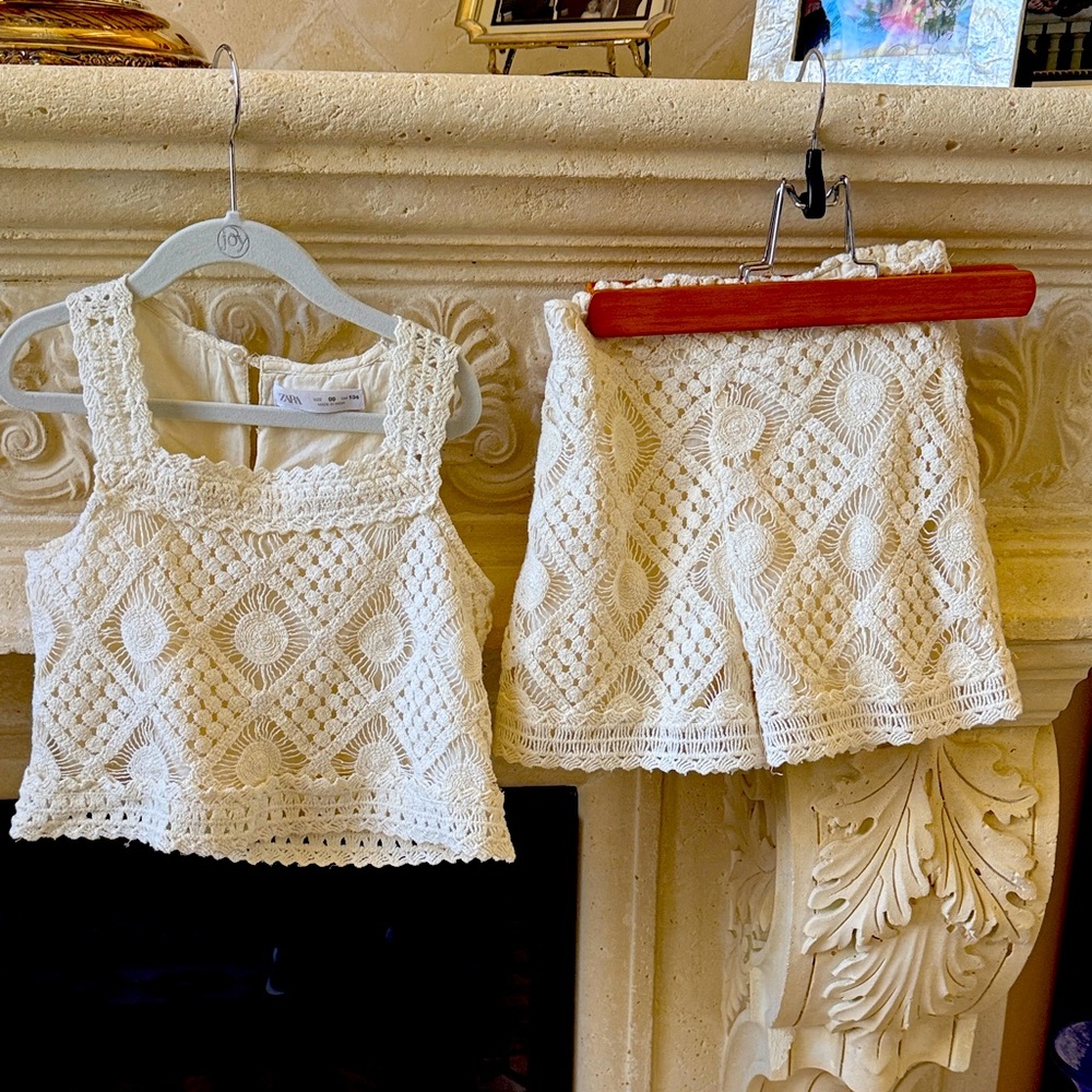 Cream Crochet Top and Shorts Set by Zara kids